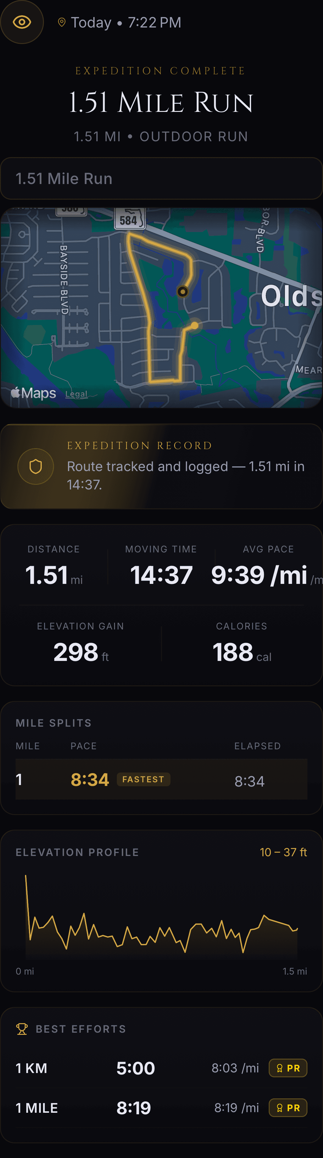 Reps IV Lore expedition summary — 1.51 mile run with GPS route, splits, elevation profile, and personal records